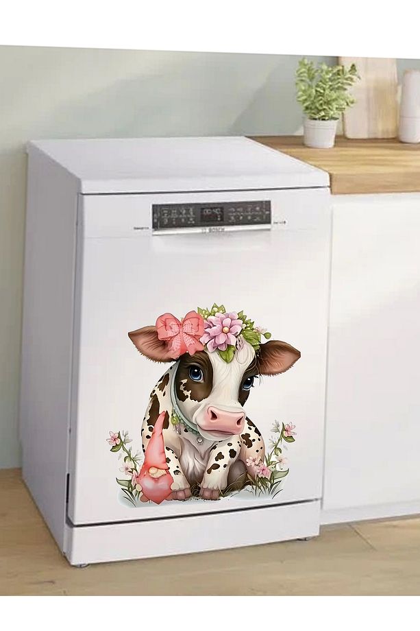 Pembe Çiçekli Sevimli İnek Sticker - 2