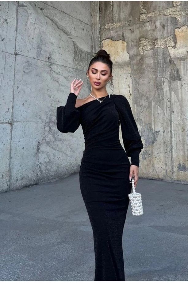 Erens Tek Omuz Detaylı Simli Yırtmaçlı Elbise - 3