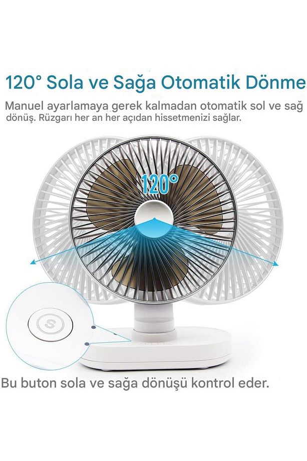 Şarjlı Masaüstü 120°Otomatik Döner Oynar Başlıklı 4 Hız Modu Turbo Fan Soğutucu Vantilatör GriX881 - 3