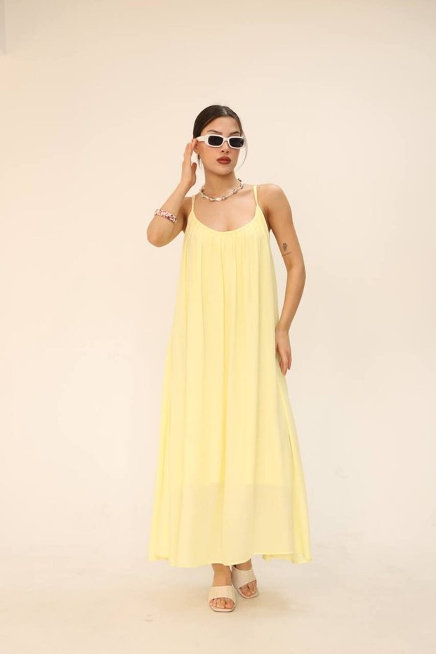 Women's Midi Length Adjustable Strap Crew Neck Pleated Loose Lined Dress