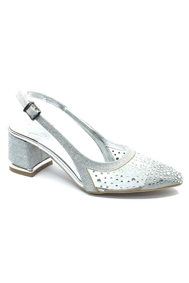 Feles Open Back Transparent Stone Detailed Cinderella Women's Short Heeled Shoes Silver