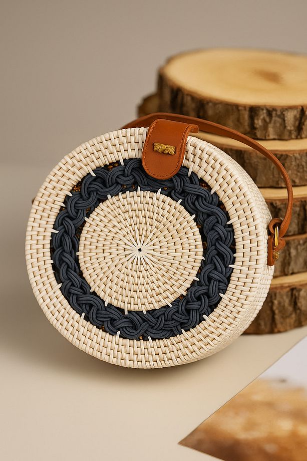Yuvarlak Rattan Hasırı Çanta Yuvarlak Desenli - 2