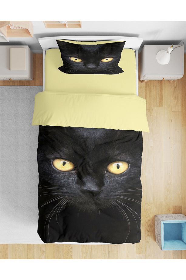 Siyah Kedi 3D Dijital Baskılı Tek Kişilik Nevresim Takımı Black Cat Kedi Yüzü Nevresim Takımı - 1