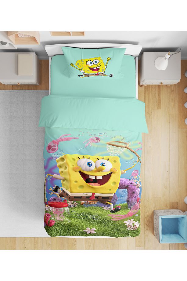 Sünger Bob 3D Dijital Baskılı Tek Kişilik  Çarşafsız Nevresim Takımı - 1
