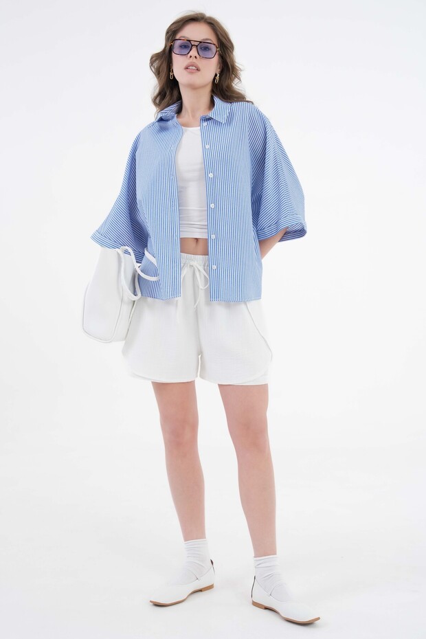 Mavi Çizgili Oversize Dokuma Basic Gömlek - 1