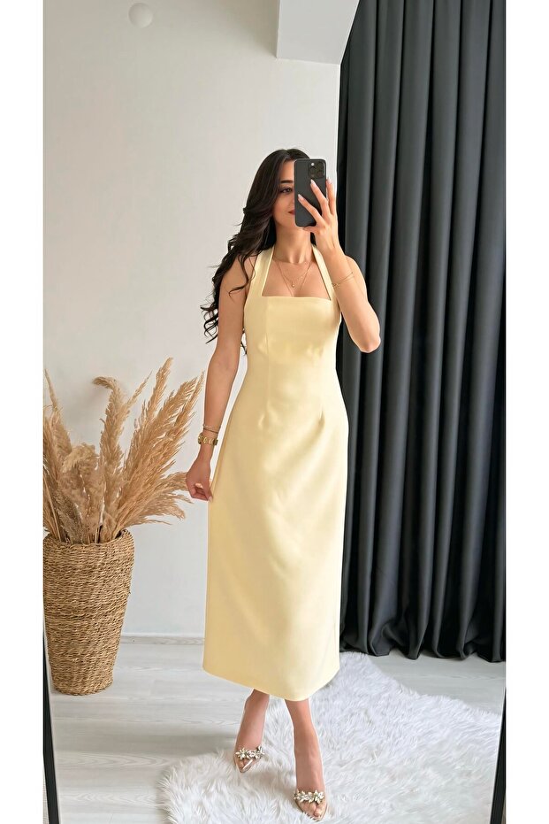 Yellow Halter Neck Slit Detail Midi Dress – Fitted Fit, Firm Double Fabric 146