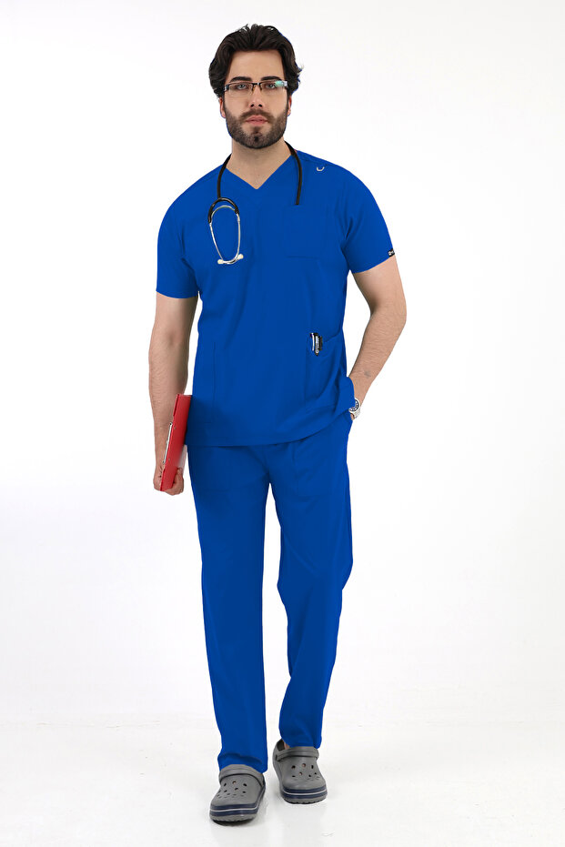 زي الطبيب من Saks Blue Lycra Dr Greys برقبة على شكل حرف V وأكمام وهمية، ملابس رجالية مقاس كبير