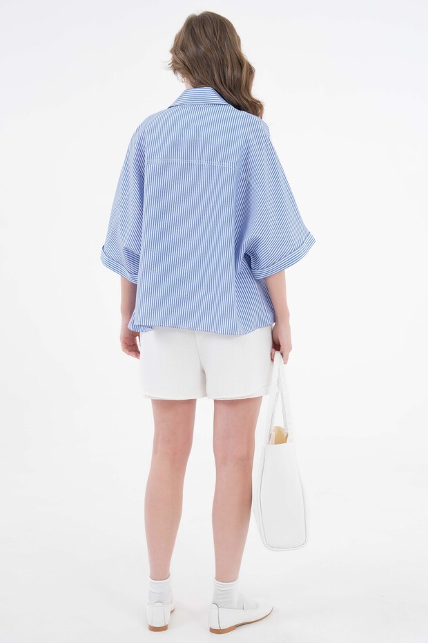 Mavi Çizgili Oversize Dokuma Basic Gömlek - 7