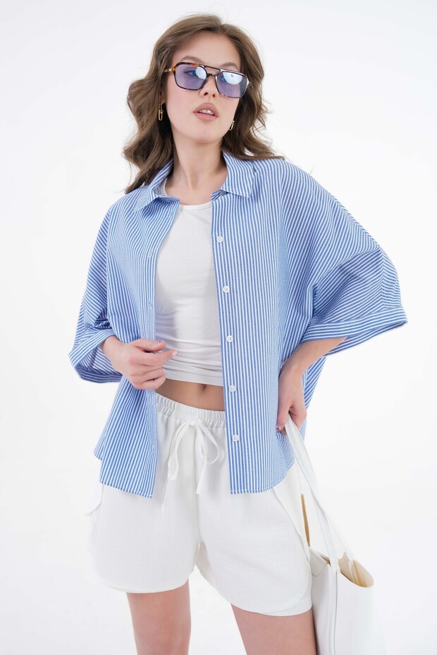Mavi Çizgili Oversize Dokuma Basic Gömlek - 6