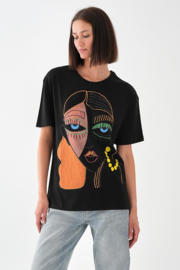 Baskılı Basic Kadın T-shirt - 1