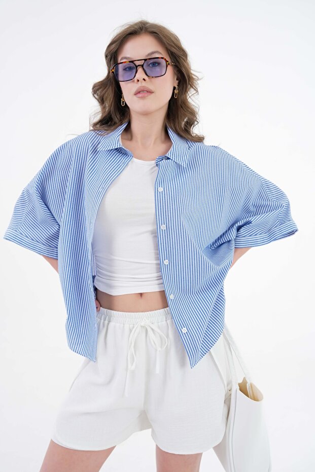 Mavi Çizgili Oversize Dokuma Basic Gömlek - 3