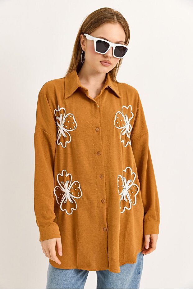 Flower Embroidered Woven Tan Shirt