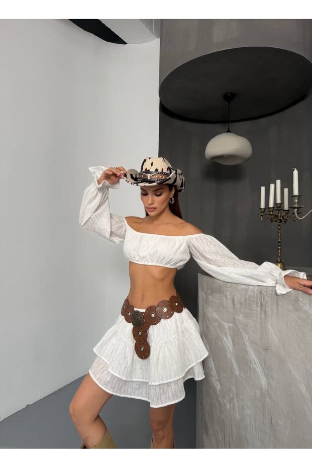 White Folded Skirt Crop Blouse-L