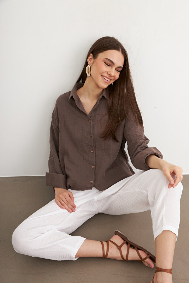 Oversize Basic Muslin Shirt Earth Brown - 7