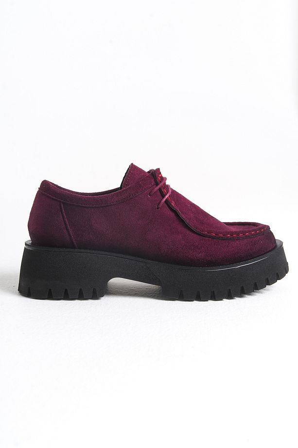 Babs Kadın Loafer Kalın Taban Bağcıklı Günlük Ayakkabı Bordo Süet - 3