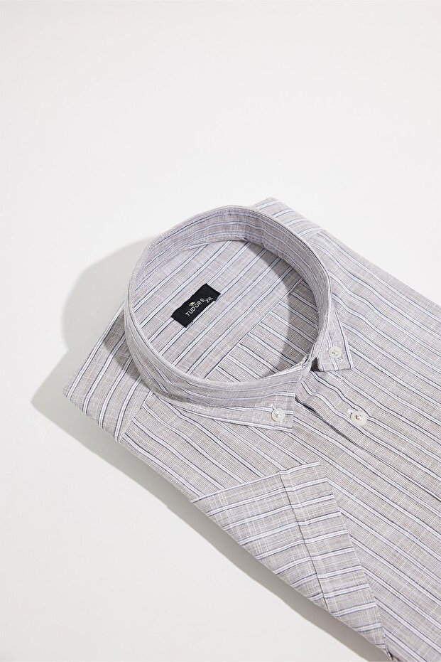 Men's Big Size Large Size 100% Cotton Collar Buttoned Linen Texture Pocket Striped Navy Blue Shirt