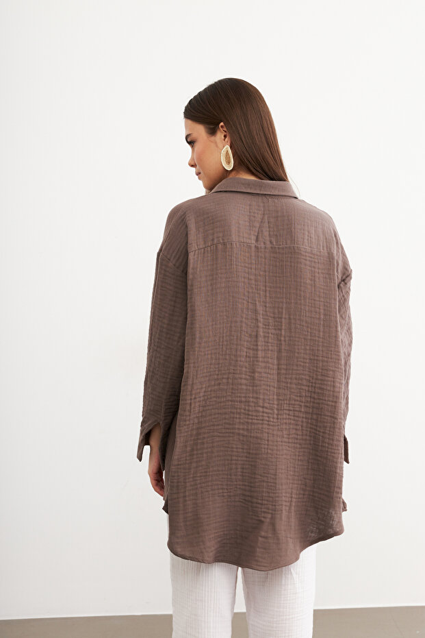 Oversize Basic Muslin Shirt Earth Brown - 2