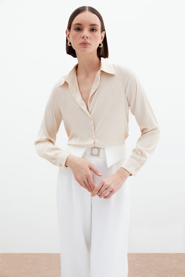 Saten Gömlek - Bej - 4