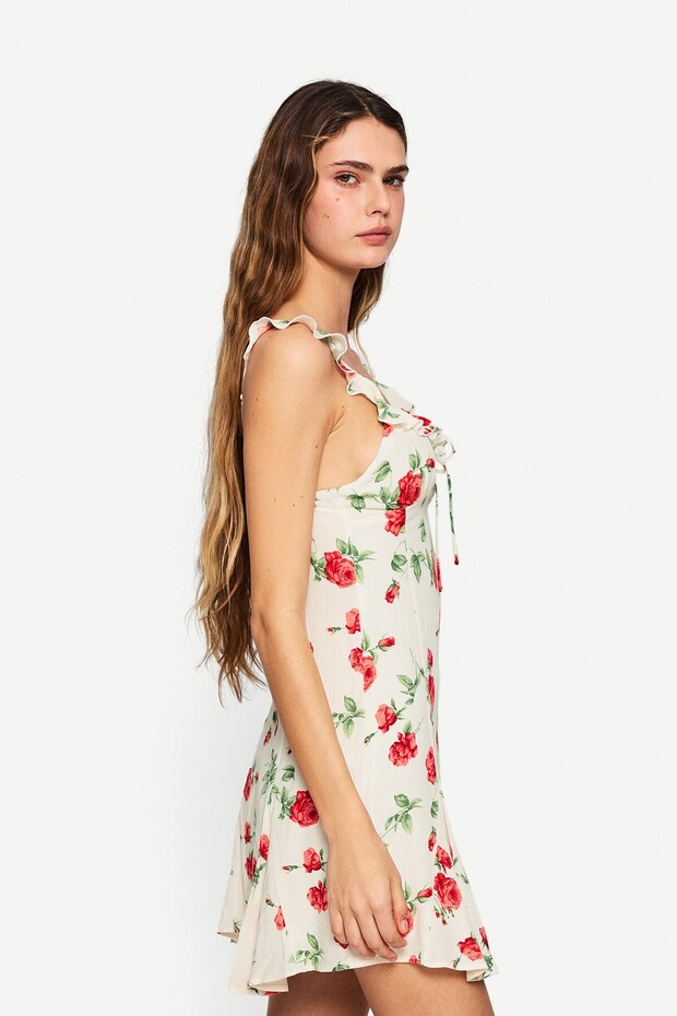 Baskılı mini askılı elbise - 4