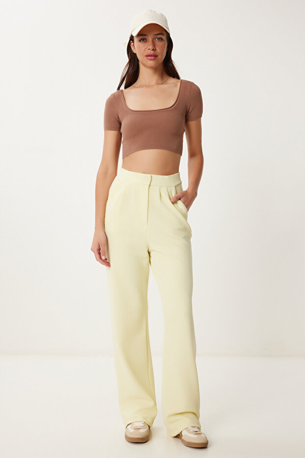 Lycra Comfortable Palazzo Knitted Trousers Yellow Lrv0019