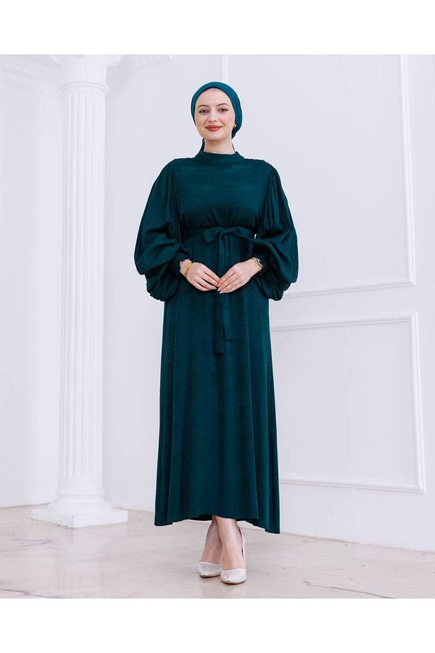 İrem Kolları Piliseli Yakma Elbise-PA9548 Zümrüt Yeşili - 1