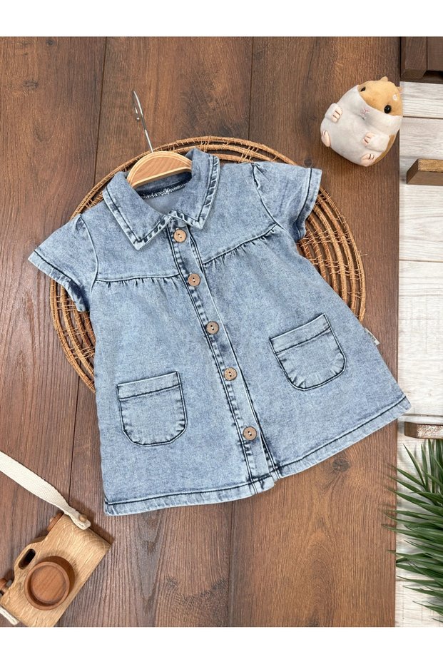 Denim Dress Front Buttoned Lycra Pocket Detailed Summer Baby Girl Set