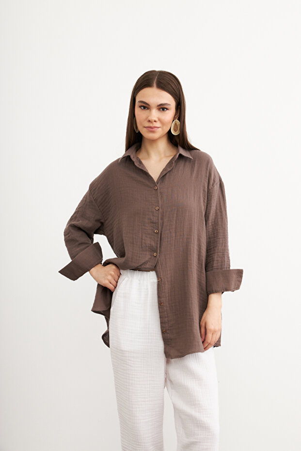 Oversize Basic Muslin Shirt Earth Brown - 1