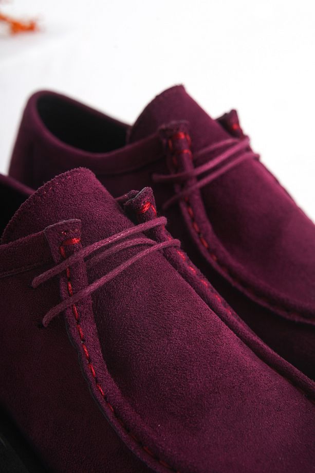 Babs Kadın Loafer Kalın Taban Bağcıklı Günlük Ayakkabı Bordo Süet - 6