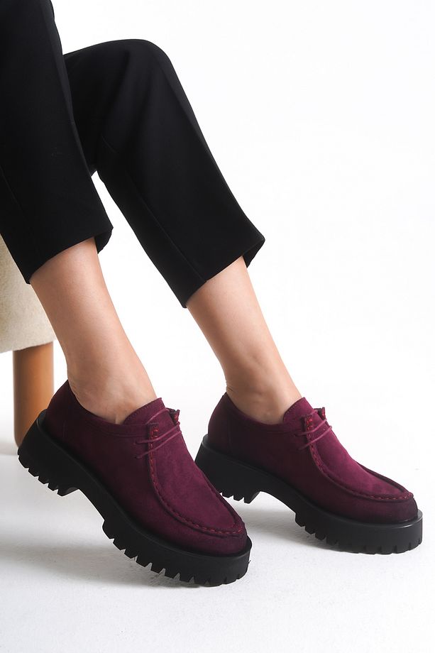 Babs Kadın Loafer Kalın Taban Bağcıklı Günlük Ayakkabı Bordo Süet - 4