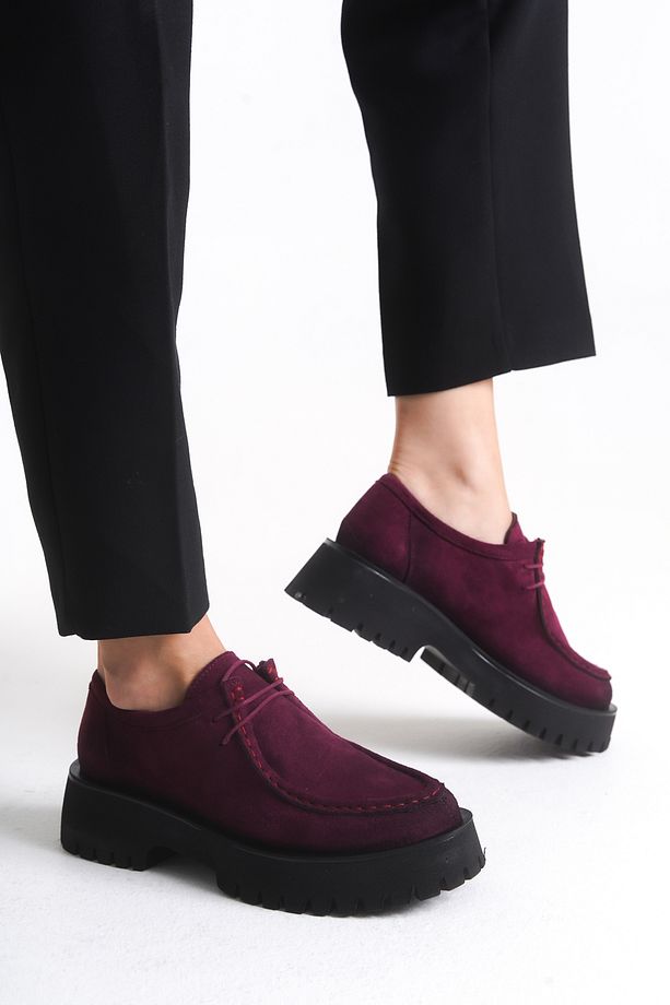 Babs Kadın Loafer Kalın Taban Bağcıklı Günlük Ayakkabı Bordo Süet - 2