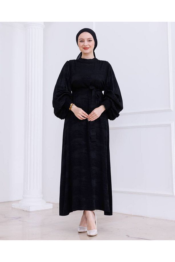 İrem Kolları Piliseli Yakma Elbise-PA9548 Siyah - 1