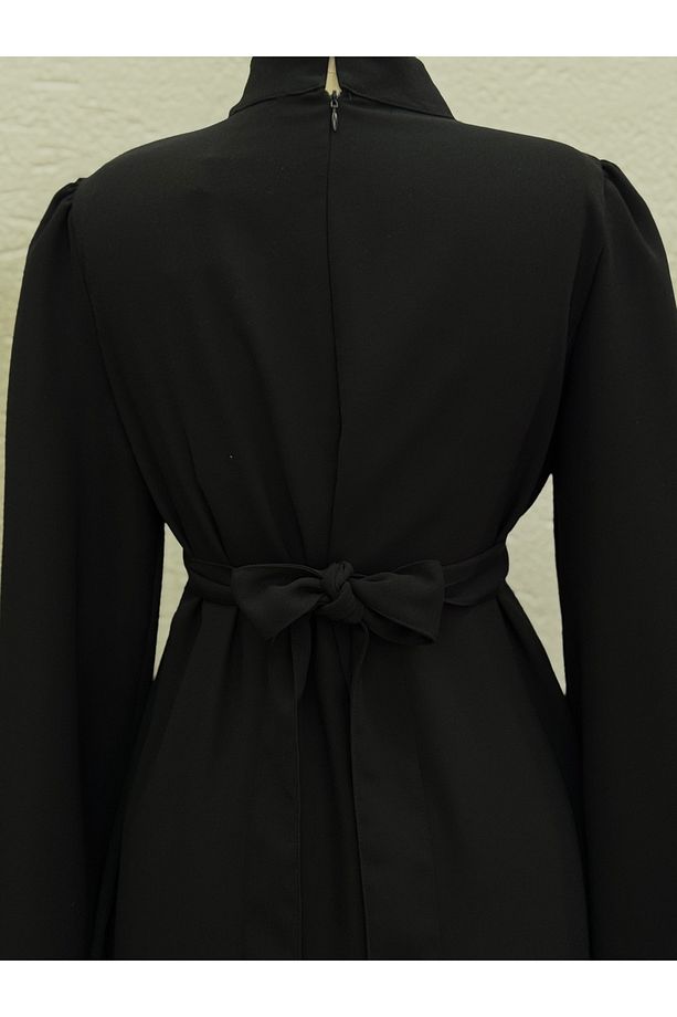Ebru Bağcıklı Krep Elbise-PA9598 Siyah - 5