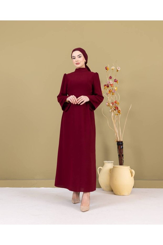 Marbling Lace-Up Crepe Dress-Pa9598 Burgundy