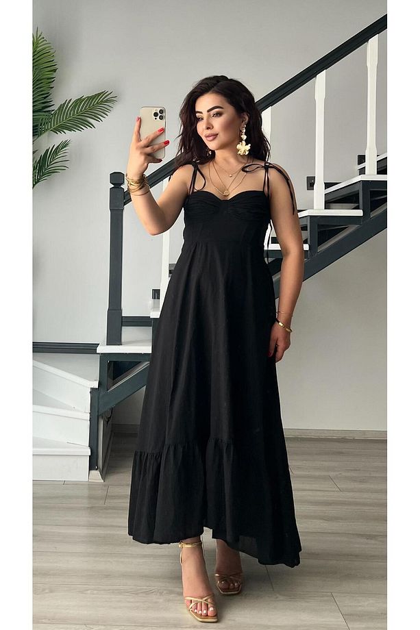 Siyah Marka Model Fırfırlı Astarlı Elbise - 1