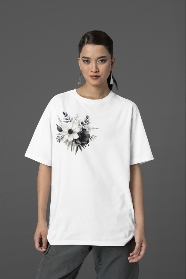 100% Cotton Women/Girl -Flower- Transfer Printed Round Neck Short Sleeve T-Shirt