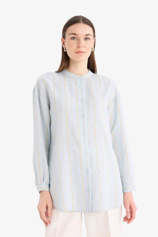 Relax Fit Basic Düz Simli Kumaş Uzun Kollu Tesetür Gömlek Tunik D9759ax25hs - 3