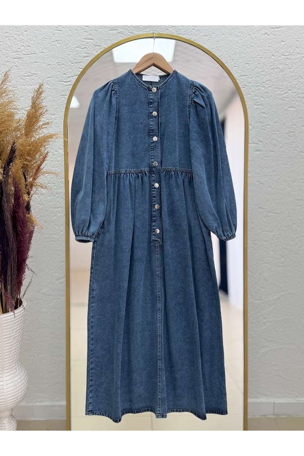 Ajda Metal Buttoned Robe Denim Dress-He2847 Denim Color
