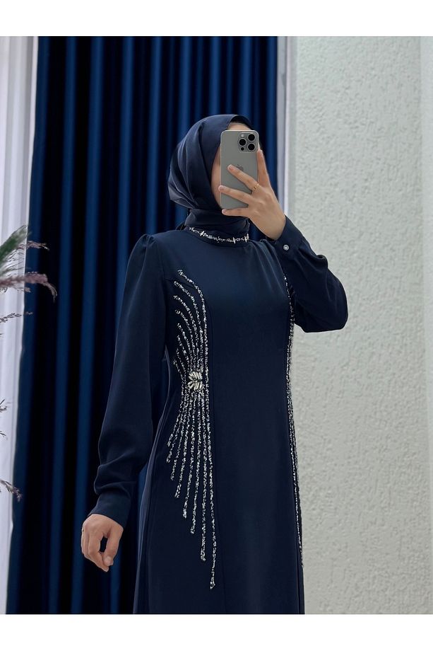 Sanora Yanları ve Boynu Taş İşlemeli Krep Elbise-GE1040 Lacivert - 3