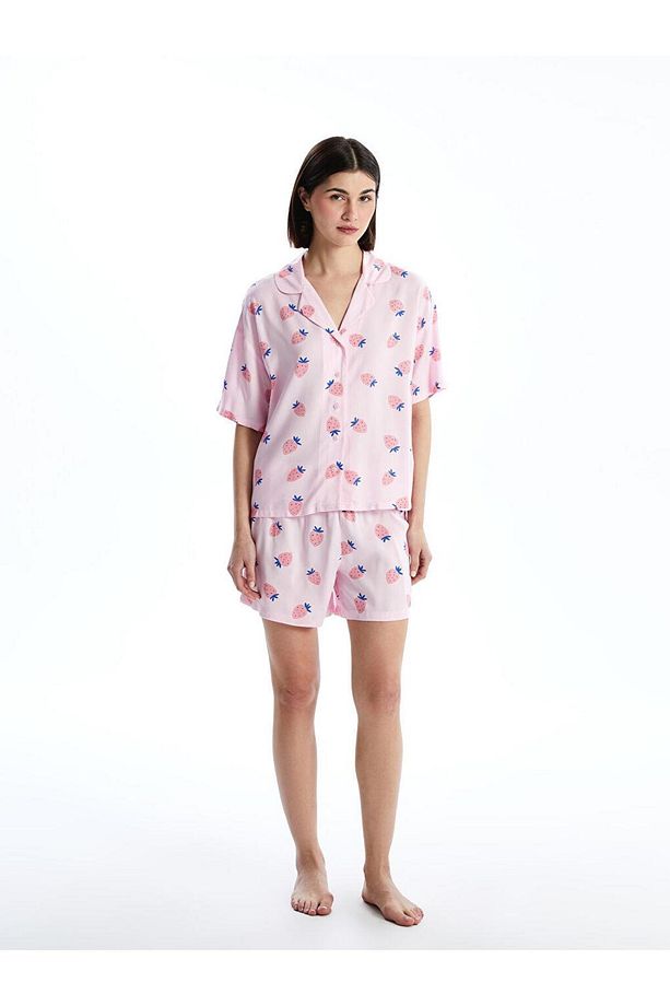 LCW Young Pembe Gömlek Yaka Desenli Kadın Şortlu Pijama Takımı - 2