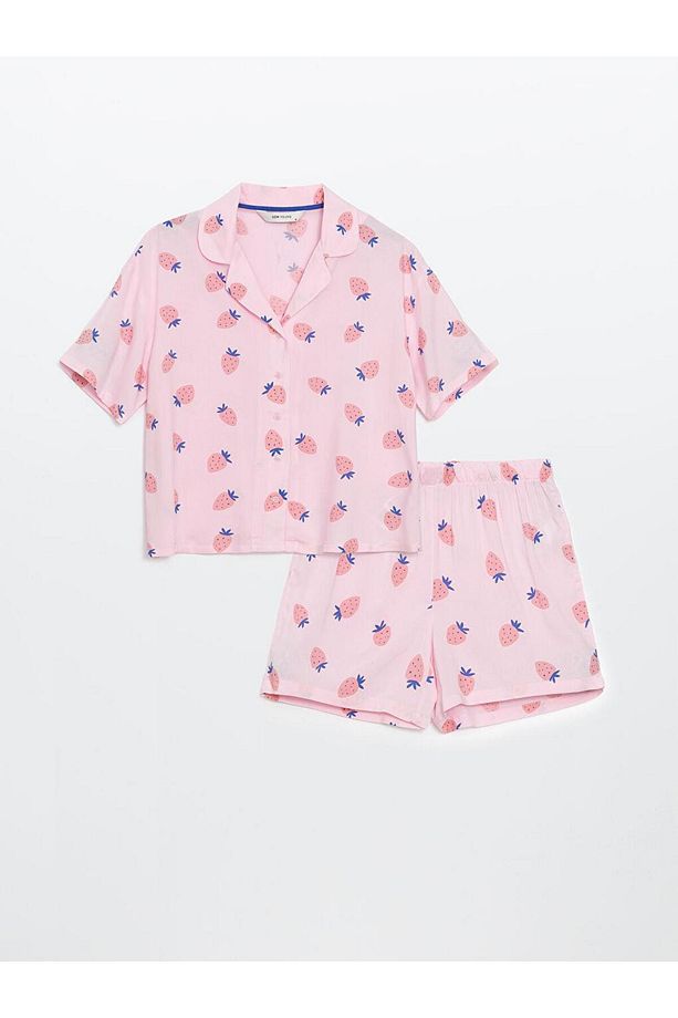 LCW Young Pembe Gömlek Yaka Desenli Kadın Şortlu Pijama Takımı - 4
