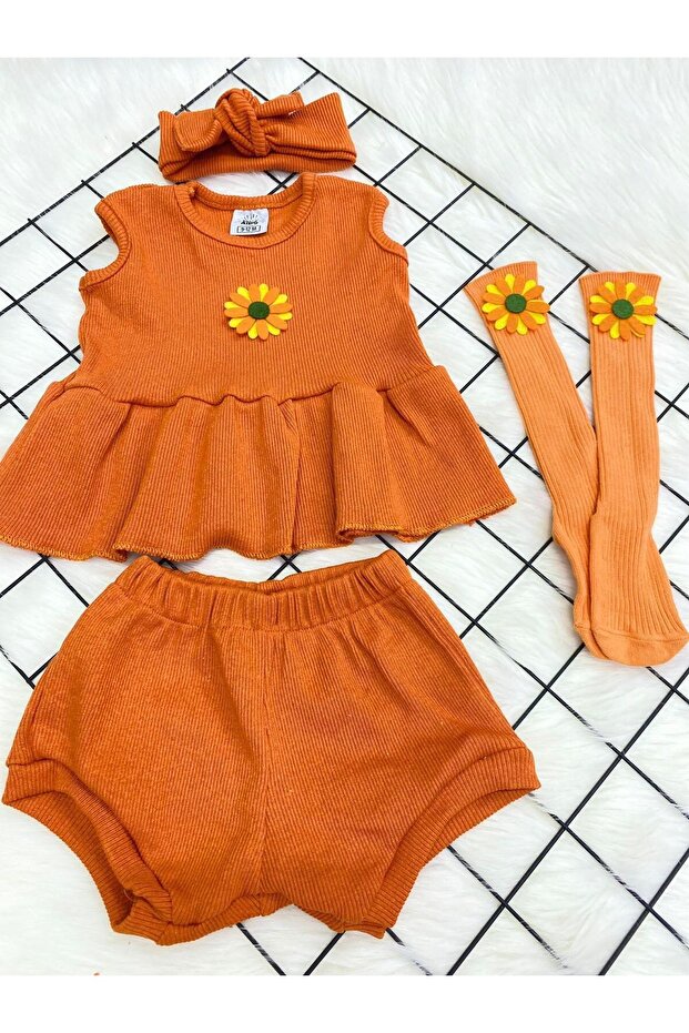 ŞAPKAKİDS TURUNCU RİBANA ŞORT BLUZ BANDANA VE KEÇELİ TURUNCU ÇORAP SET