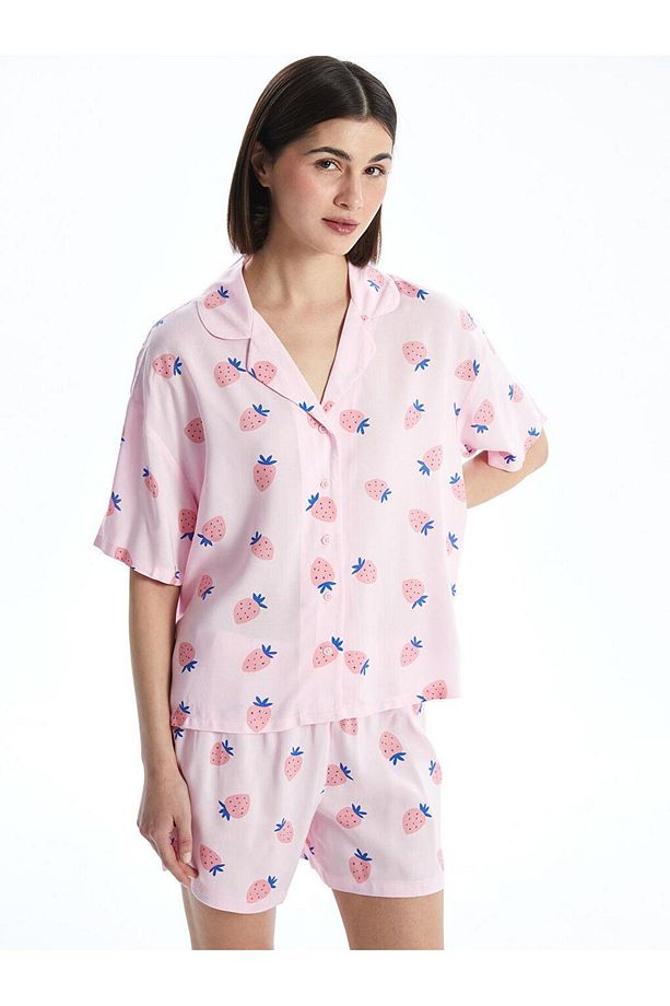 LCW Young Pembe Gömlek Yaka Desenli Kadın Şortlu Pijama Takımı - 1