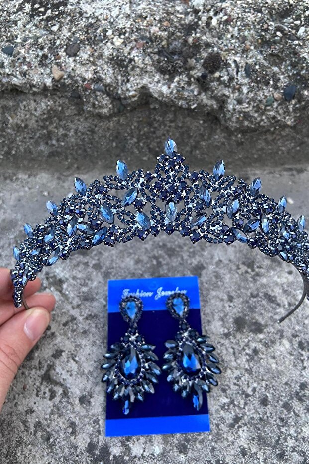 Clara Navy Blue Bridal Henna Crown Special Day Accessory Women's Crown and Wide Shuttle Earring Set