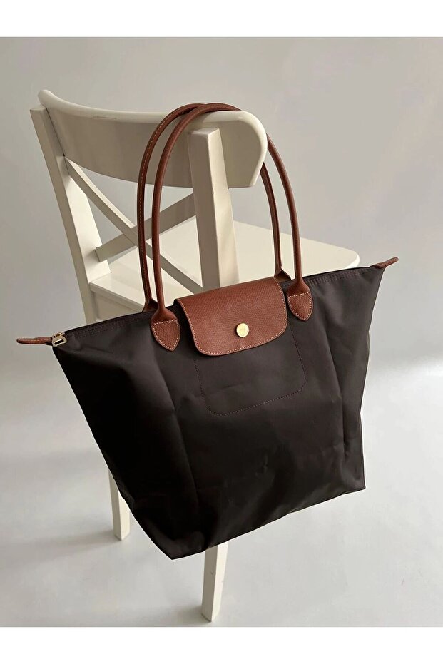 Foldable Shoulder Bag with Leather Handle and Snap Fasteners -