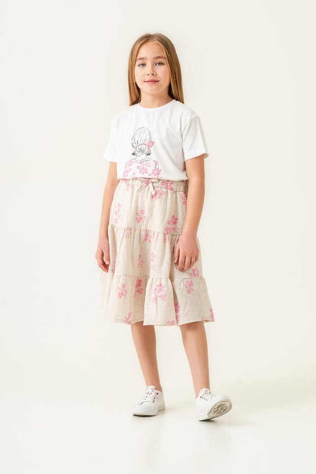 Girls' Cotton Floral Print T-Shirt and Skirt Set