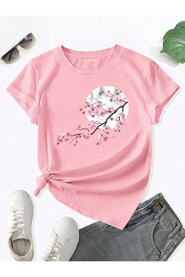 Women's Pink Cherry Blossom Printed Oversize T-Shirt