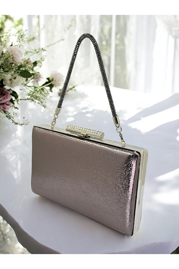 New Model Platinum Color Shiny Patterned Chain Strap Stone Handle Women's Evening Dress Bag Wedding Engagement