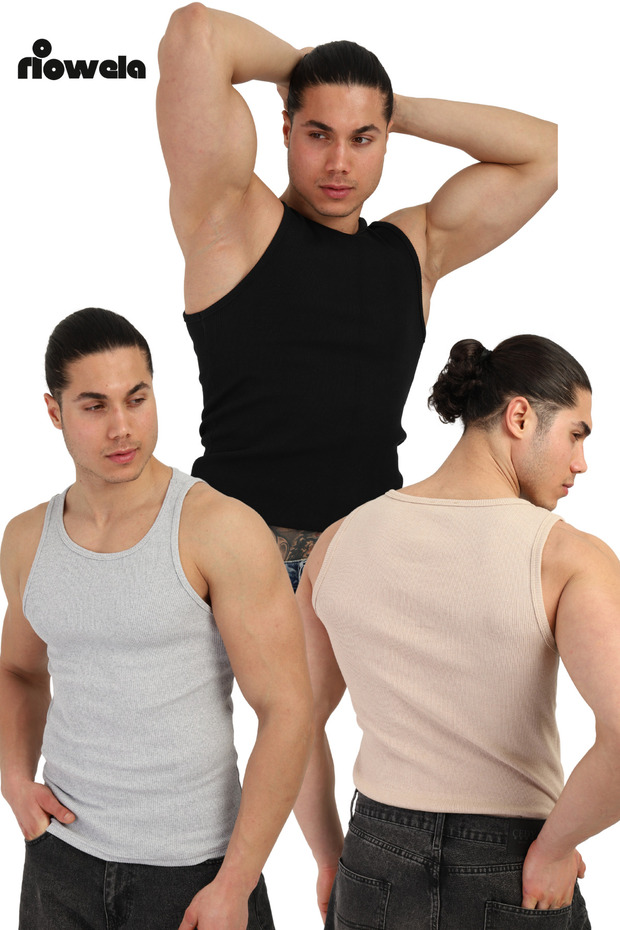 Men's Sports Singlet - Cotton Flexible 3 Pack Black - Gray - Beige