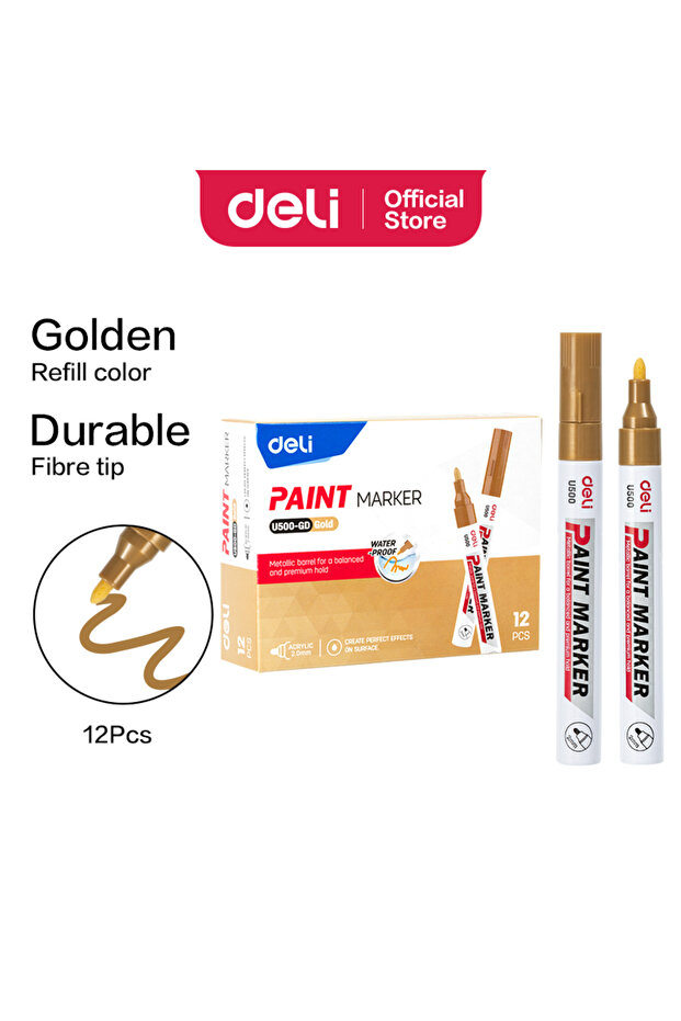 EU500-GD Paint Marker, Golden, 2.0mm, 12PCS – For Metal, Glass, Plastic & Stone