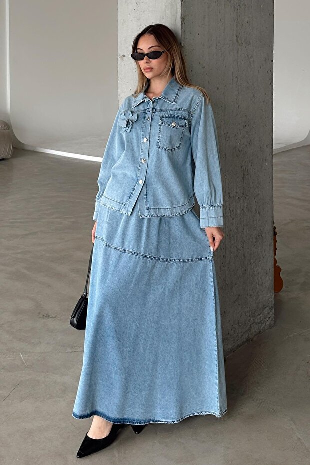 Flower Applique Skirt Jacket Denim Suit Blue 9346-Tk